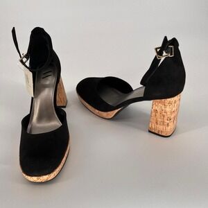 NWT Black Suede Cork Heel Ankle Strap Womens Sandals Size 8M Retro Business Y2K
